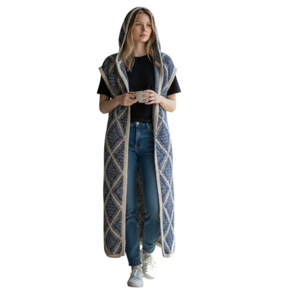 Sage Flower Womens‎ Knit Vest Sz L/XL Hoodie Blue White Diamond Pattern L XL